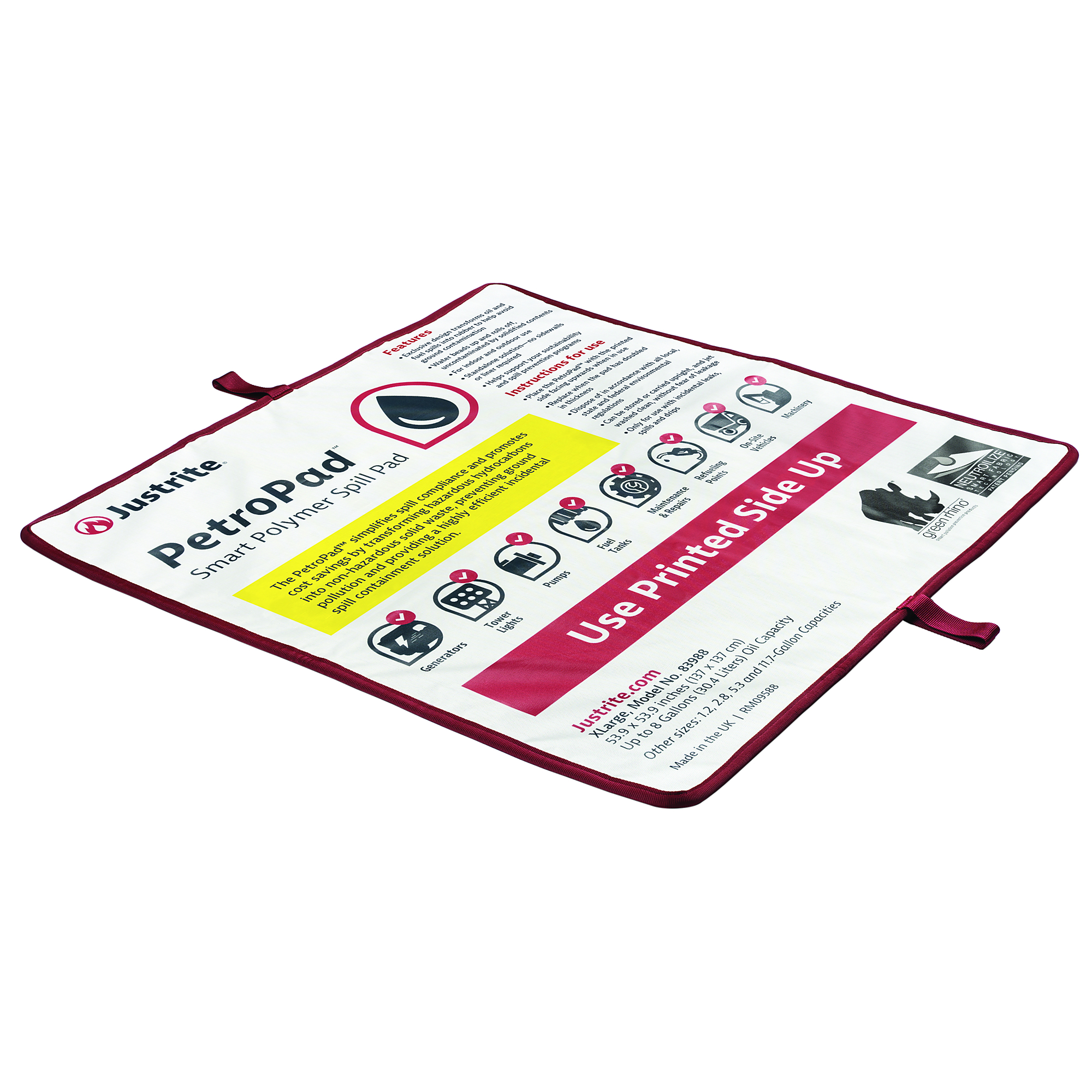 Justrite PetroPad Absorbent Pads — X-Large, 7.9 Gal Capacity, 2 Pk, Model# 83988PK